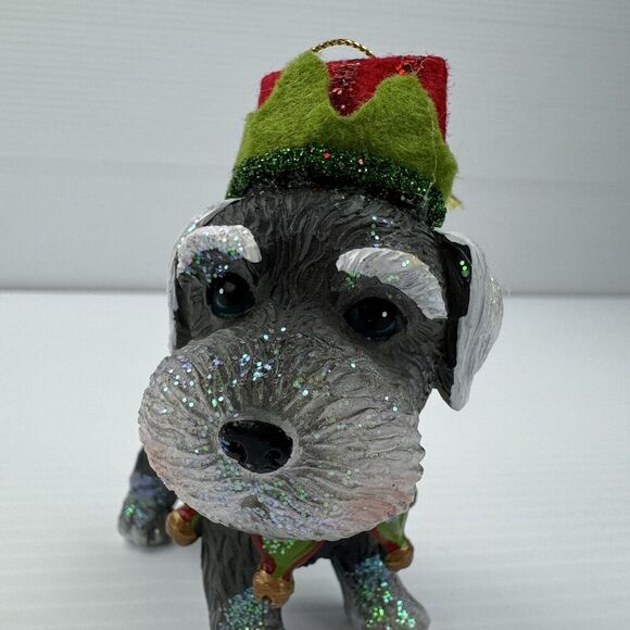 Schnauzer Dog Christmas Ornament - Wearing Santa Elf Hat & Collar - Picture 8 of 12